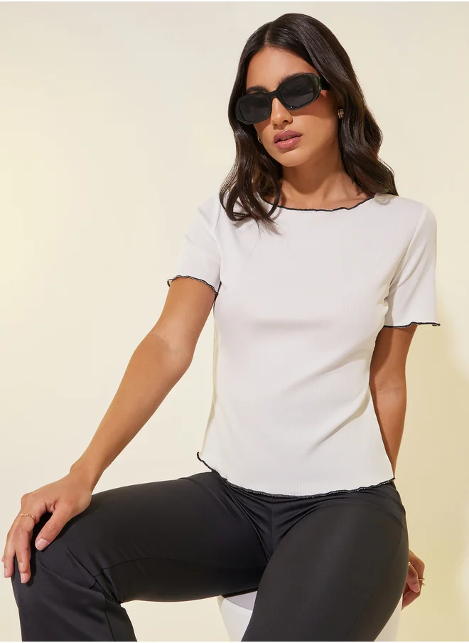 ستايلي Ruffled Trim Textured Round Neck T-Shirt