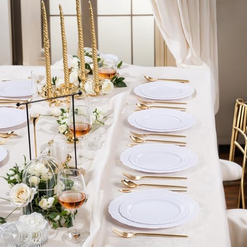 U-QE 100 Pieces White Plastic Plates - White Disposable Plates - Premium Hard Plastic Disposable Plates for Wedding and Party Use Including 50 Dinner Plates 10 '' & 50 Dessert Plates 7.5 '' - Image 5