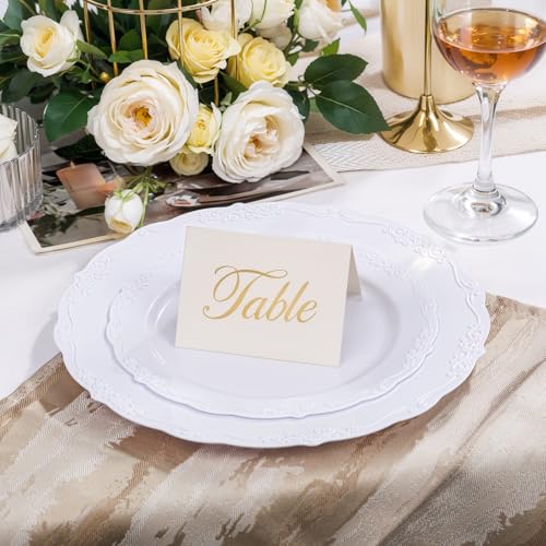 U-QE 100 Pieces White Plastic Plates - White Disposable Plates - Premium Hard Plastic Disposable Plates for Wedding and Party Use Including 50 Dinner Plates 10 '' & 50 Dessert Plates 7.5 '' - Image 3