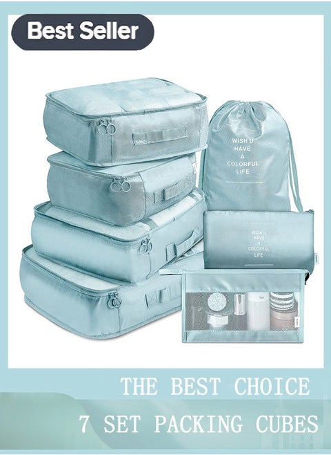 Travel Organizer - Set of 7 Portable Reusable Travel Luggage for Suitcase Organizer, Storage Bag, Compression Bag, Travel Bag with Zipper (Blue)