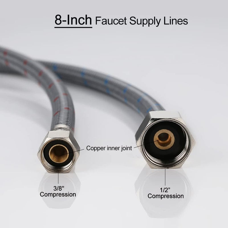 WOWOW 8 Inch Faucet Supply Hose Faucet Line Braided Nylon Sink Faucet Supply Line 3/8" Comp x 1/2" Comp 2Pcs (1 Pair) - Image 2