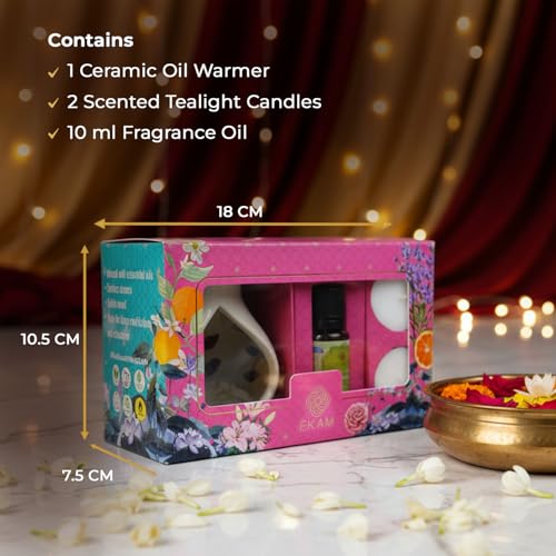 EKAM Ceramic Aroma Oil Diffuser Burner Set | Jasmine & Freesia Fragrance Oil Diffuser for Home | Includes Oil Warmer, 2 Tealight Candles & 10ml Essential Oil | Ideal for Gifting & Relaxation - Image 2