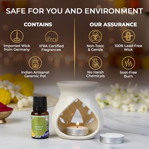 EKAM Ceramic Aroma Oil Diffuser Burner Set | Jasmine & Freesia Fragrance Oil Diffuser for Home | Includes Oil Warmer, 2 Tealight Candles & 10ml Essential Oil | Ideal for Gifting & Relaxation - Image 3