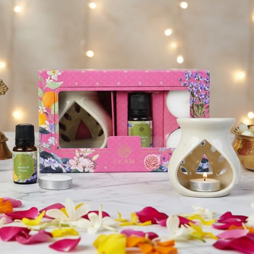 EKAM Ceramic Aroma Oil Diffuser Burner Set | Jasmine & Freesia Fragrance Oil Diffuser for Home | Includes Oil Warmer, 2 Tealight Candles & 10ml Essential Oil | Ideal for Gifting & Relaxation - Image 1