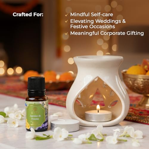 EKAM Ceramic Aroma Oil Diffuser Burner Set | Jasmine & Freesia Fragrance Oil Diffuser for Home | Includes Oil Warmer, 2 Tealight Candles & 10ml Essential Oil | Ideal for Gifting & Relaxation - Image 5