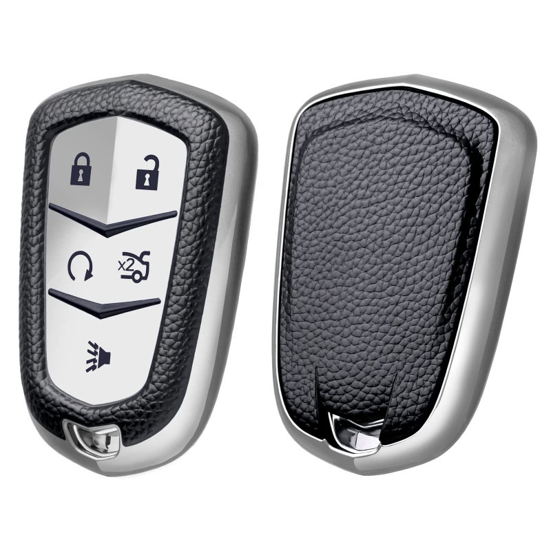 ELOHEI Key Fob Cover for Cadillac Key Fob Case for 20152019 Cadillac Escalade CTS SRX XT5 ATS STS CT6 5Buttons Premium Soft TPU 361 Degree Full ProtectionLeather Texture Silver
