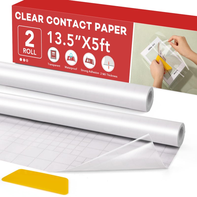ZENOWICK 2 Rolls Clear Contact Paper, Plastic Book Covers 13.5 in x 5 ft, Contact Paper Peel and Stick, Clear Self Adhesive Protective Liner Papers Protector for Crafts Paperback Textbook Hard Covers Documents - Image 1