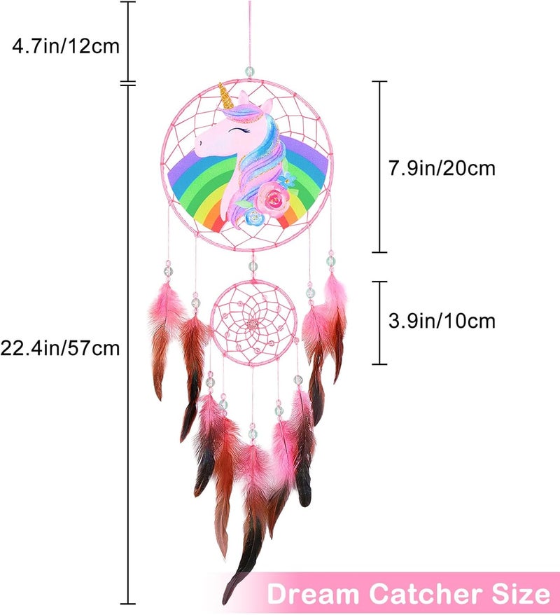 Basumee Dream Catcher for Kids Feather Dream Catchers Handmade Home Decor Wall Hanging with Double Ring for Nursery Bedroom Boys Room, Rainbow Unicorn - Image 5