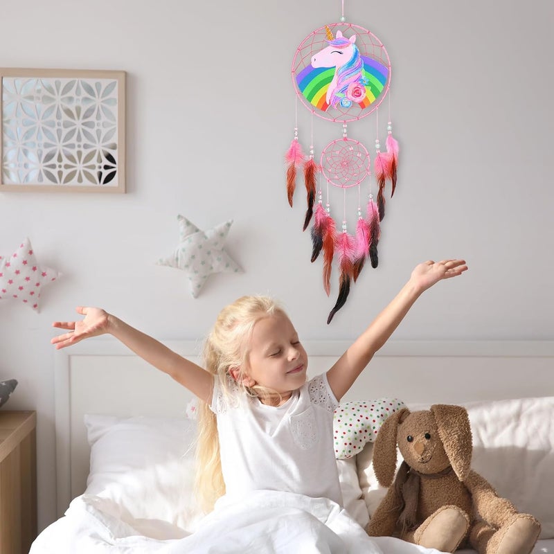 Basumee Dream Catcher for Kids Feather Dream Catchers Handmade Home Decor Wall Hanging with Double Ring for Nursery Bedroom Boys Room, Rainbow Unicorn - Image 2