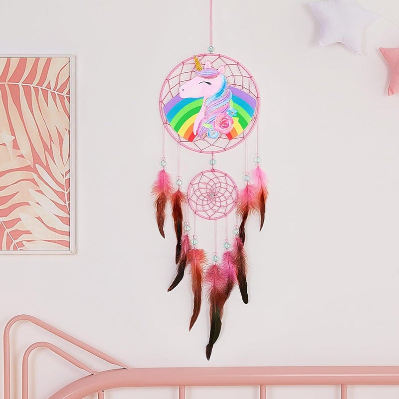 Basumee Dream Catcher for Kids Feather Dream Catchers Handmade Home Decor Wall Hanging with Double Ring for Nursery Bedroom Boys Room, Rainbow Unicorn - Image 4