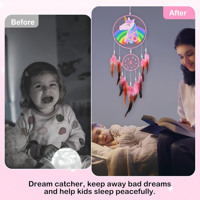 Basumee Dream Catcher for Kids Feather Dream Catchers Handmade Home Decor Wall Hanging with Double Ring for Nursery Bedroom Boys Room, Rainbow Unicorn - Image 1