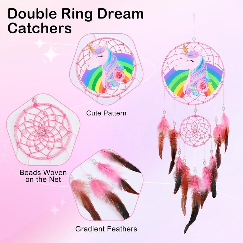 Basumee Dream Catcher for Kids Feather Dream Catchers Handmade Home Decor Wall Hanging with Double Ring for Nursery Bedroom Boys Room, Rainbow Unicorn - Image 3
