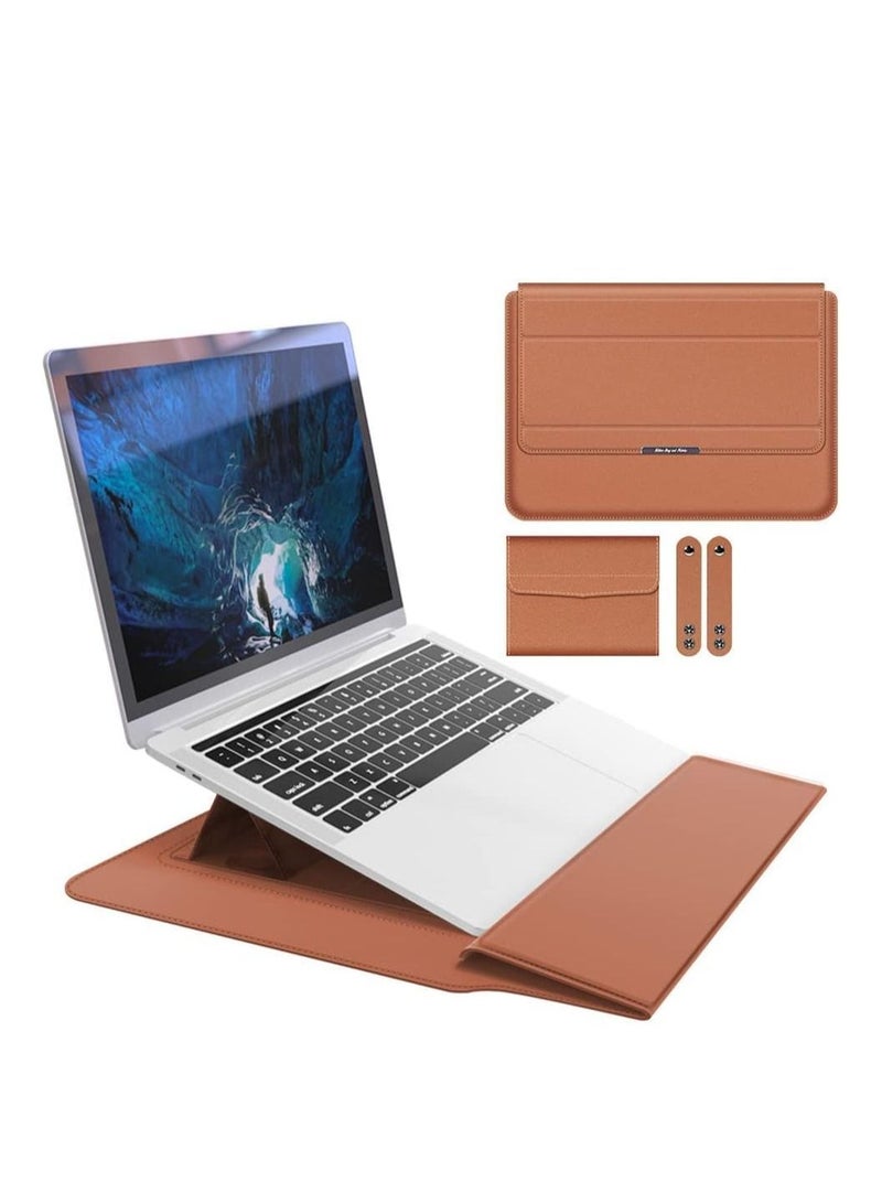 SYOSI 13 14 Inch Laptop Sleeve Bag Universial 2 in 1 Inner Sleeve with Stand Function Portable Waterproof Laptop Case Compatible with 13 14 Inch Laptops and Tablets Soft PU Leather Brown - Image 1