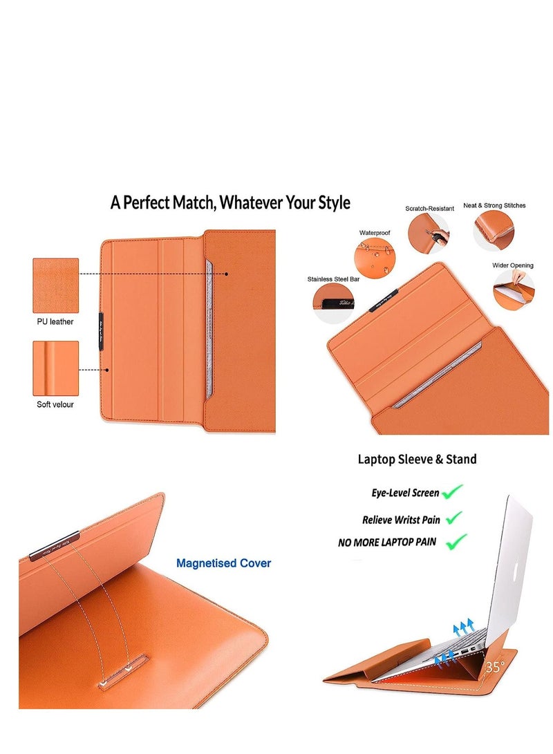 SYOSI 13 14 Inch Laptop Sleeve Bag Universial 2 in 1 Inner Sleeve with Stand Function Portable Waterproof Laptop Case Compatible with 13 14 Inch Laptops and Tablets Soft PU Leather Brown - Image 3