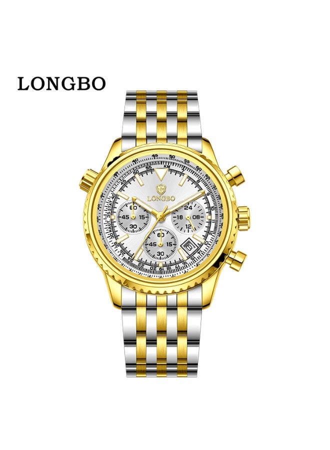 LONGBO 44mm Multi-Function Big-Dial Steel Quartz Watch, 22mm Band, 3ATM Water Resistant, Business-Sport Men’s