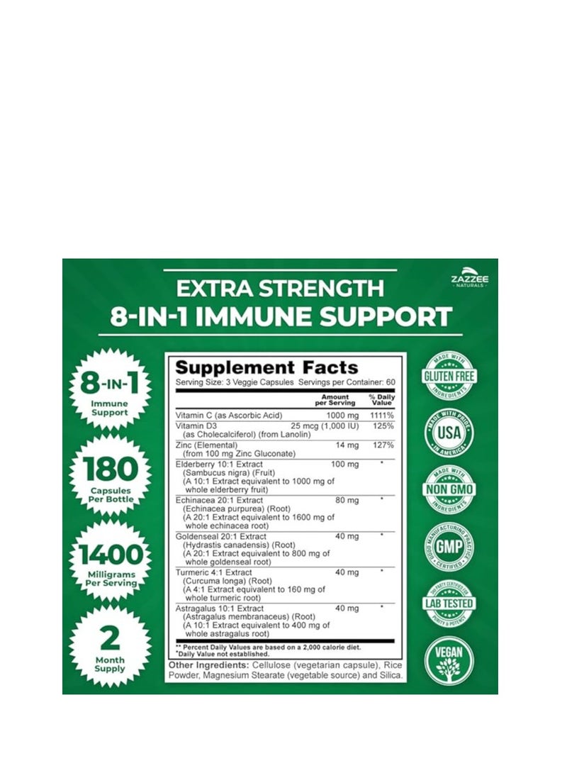 Zazzee Naturals Extra Strength Immune Support 8 in 1 1400mg 180 Veggie Caps - Image 2
