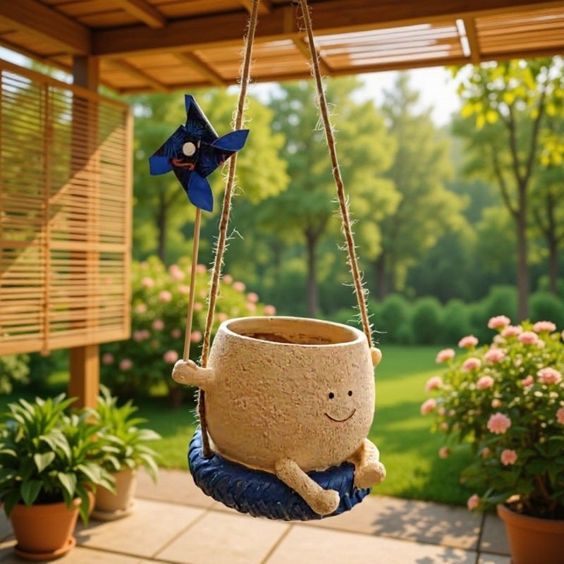 Hanging Succulent Planter with Cheerful Smiley Face Decorative Windmill Design - Playful Garden Ornament Hanging Planter for Outdoor Balcony Decor - Image 2