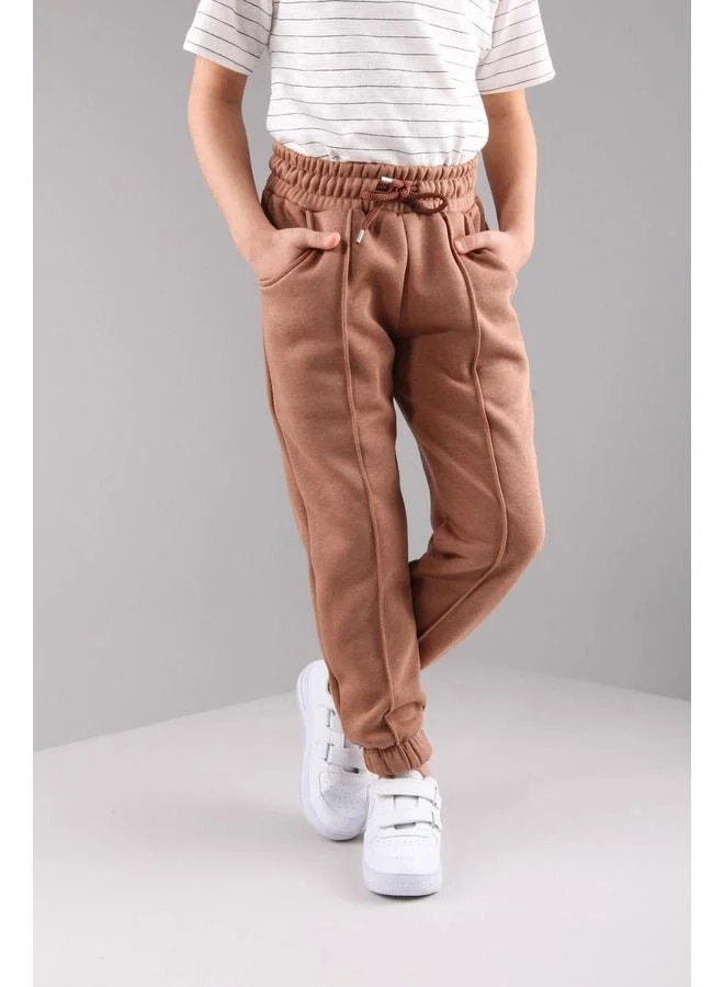 Perendi Elasticated Lined Fleece Pocket Comfortable Unisex Kids Sweatpants Brown.