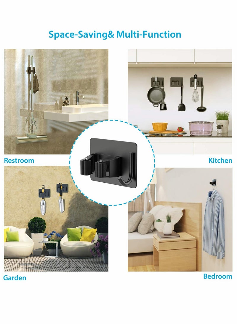 Suntown Mop Broom Holder, No Drilling Self-Adhesive Wall Mounted Storage Rack with Hook, Stainless Steel Multifunctional Hook for Bathroom Kitchen Garage Garden Tool (Black, 4 Pcs) - Image 3