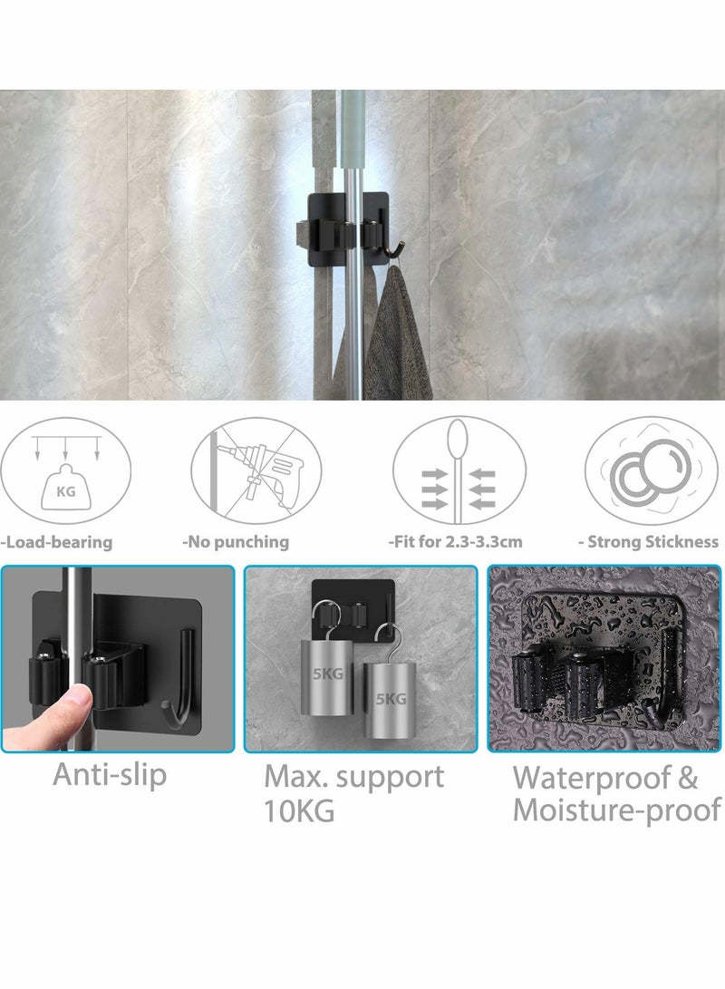 Suntown Mop Broom Holder, No Drilling Self-Adhesive Wall Mounted Storage Rack with Hook, Stainless Steel Multifunctional Hook for Bathroom Kitchen Garage Garden Tool (Black, 4 Pcs) - Image 2