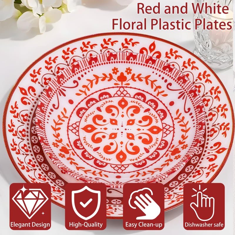 Hioasis 60pcs Red Plastic Plates Set - Floral Red & White Porcelain Design, 10.25" Dinner & 7.5" Dessert Plates Disposable for Christmas (Dishwasher Safe, Traditional Style) - Image 4