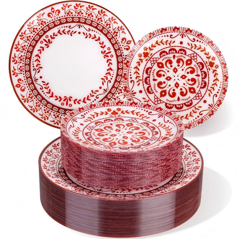 Hioasis 60pcs Red Plastic Plates Set - Floral Red & White Porcelain Design, 10.25" Dinner & 7.5" Dessert Plates Disposable for Christmas (Dishwasher Safe, Traditional Style) - Image 1