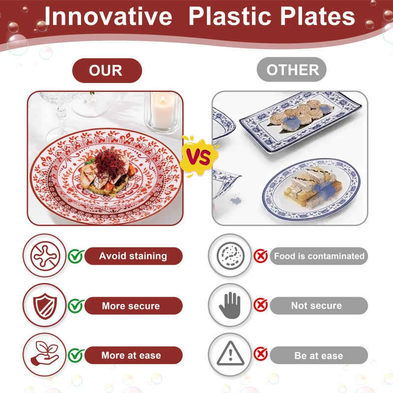 Hioasis 60pcs Red Plastic Plates Set - Floral Red & White Porcelain Design, 10.25" Dinner & 7.5" Dessert Plates Disposable for Christmas (Dishwasher Safe, Traditional Style) - Image 5