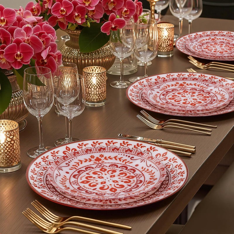 Hioasis 60pcs Red Plastic Plates Set - Floral Red & White Porcelain Design, 10.25" Dinner & 7.5" Dessert Plates Disposable for Christmas (Dishwasher Safe, Traditional Style) - Image 2