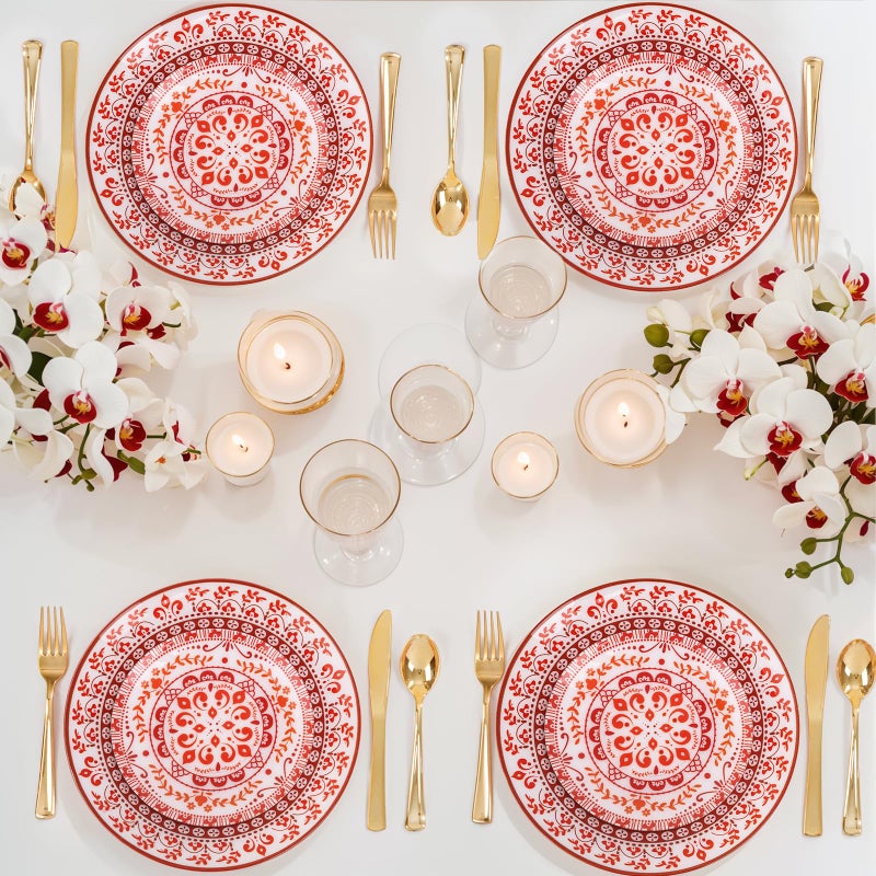 Hioasis 60pcs Red Plastic Plates Set - Floral Red & White Porcelain Design, 10.25" Dinner & 7.5" Dessert Plates Disposable for Christmas (Dishwasher Safe, Traditional Style) - Image 3