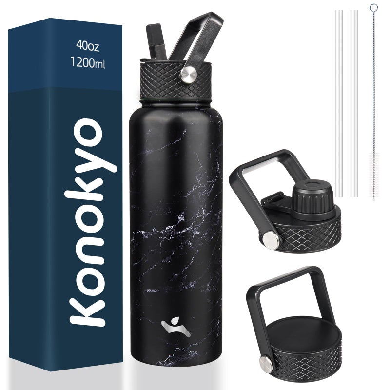 Konokyo 40oz Insulated Water Bottle Stainless Steel Sport Bottles with 3 LidsMarble Midnight