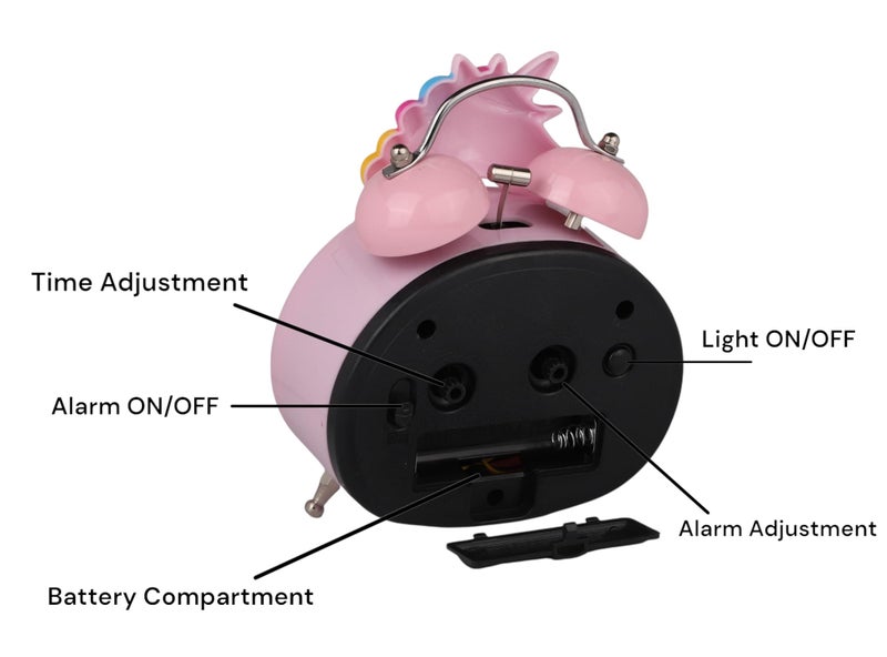 De'rons Twin Bell Analog Table Alarm Clock with Backlight for Heavy Sleepers Loud Alarm Clock for Students Funny Cute Cartoon Unicorn Shape Alarm Clock for Girls Kids Boys Bedroom 13.5 x 10 cm (Pink) - Image 4