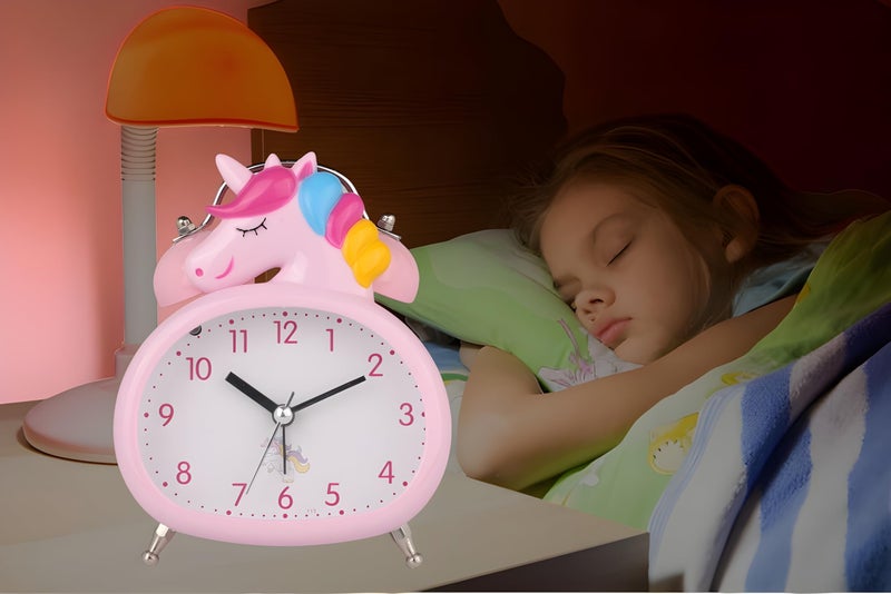 De'rons Twin Bell Analog Table Alarm Clock with Backlight for Heavy Sleepers Loud Alarm Clock for Students Funny Cute Cartoon Unicorn Shape Alarm Clock for Girls Kids Boys Bedroom 13.5 x 10 cm (Pink) - Image 2