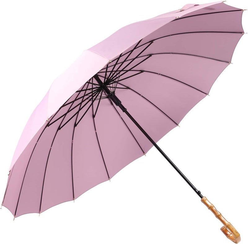 ThreeH Bamboo Stick Umbrella Auto Open Solid Color Fashionable and Simple 190T 16 Ribs,KS08 Purple - Image 1