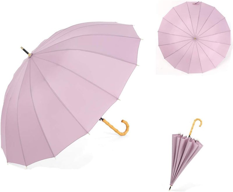ThreeH Bamboo Stick Umbrella Auto Open Solid Color Fashionable and Simple 190T 16 Ribs,KS08 Purple - Image 2