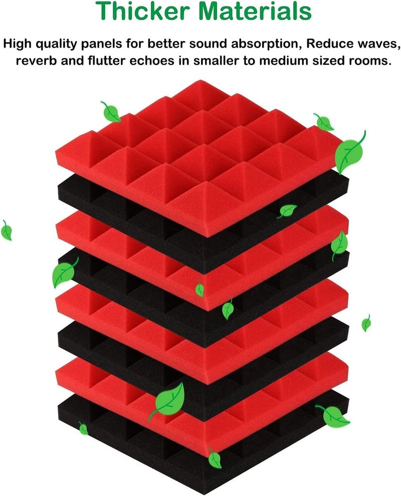 Imaginea Acoustic Foam | Pyramid Acoustic Sound Foam Panels For Studio Sound Absorbing Soundproofing Panels High Density Absorber For Wall, Decreasing Noise Echoes (1 X 1 Ft (PACK OF 18, BLACK & RED) - Image 2