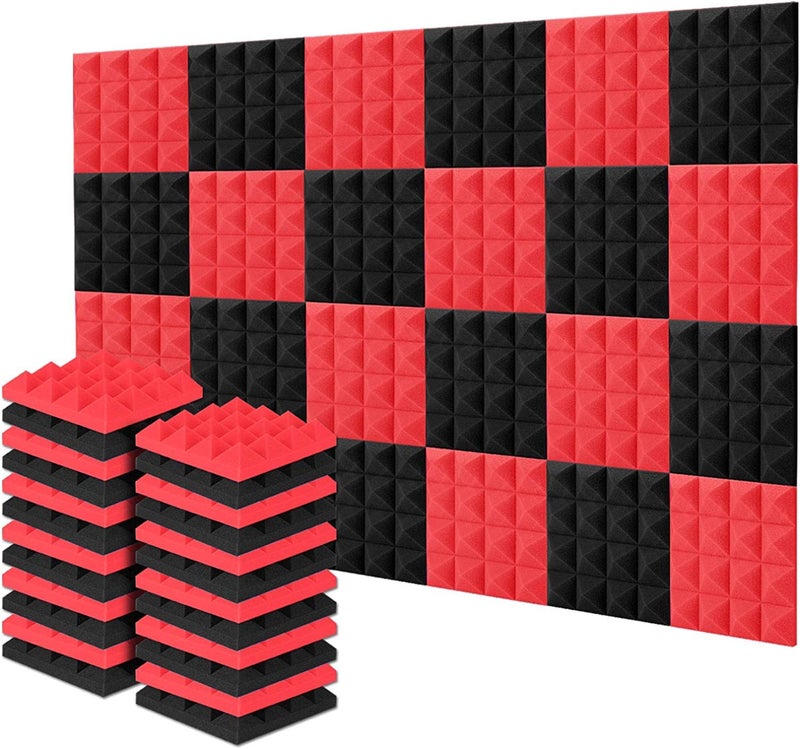 Imaginea Acoustic Foam | Pyramid Acoustic Sound Foam Panels For Studio Sound Absorbing Soundproofing Panels High Density Absorber For Wall, Decreasing Noise Echoes (1 X 1 Ft (PACK OF 18, BLACK & RED) - Image 1