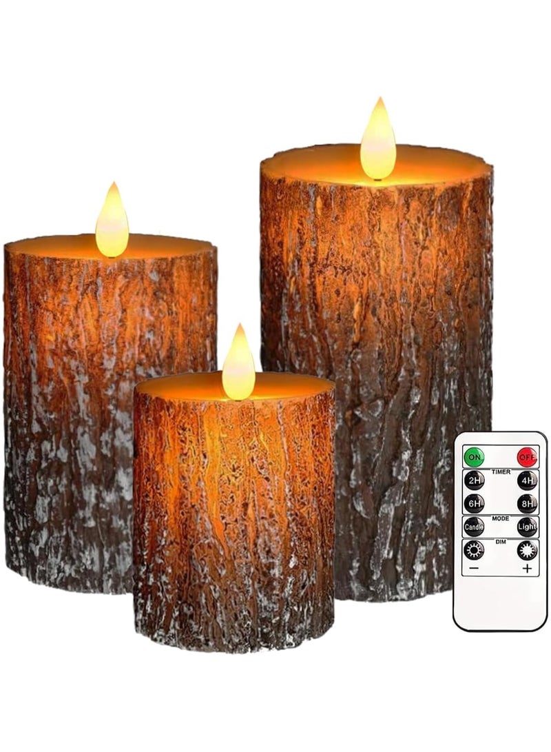 SYOSI Set of 3 Flameless Candles Lights  Pillar Pine Bark Effect Real Wax Flickering 3D Wick Electric Dimmable LED Decorative Candle Sets with Remote Timer for Christmas Winter Home Decor - Image 1