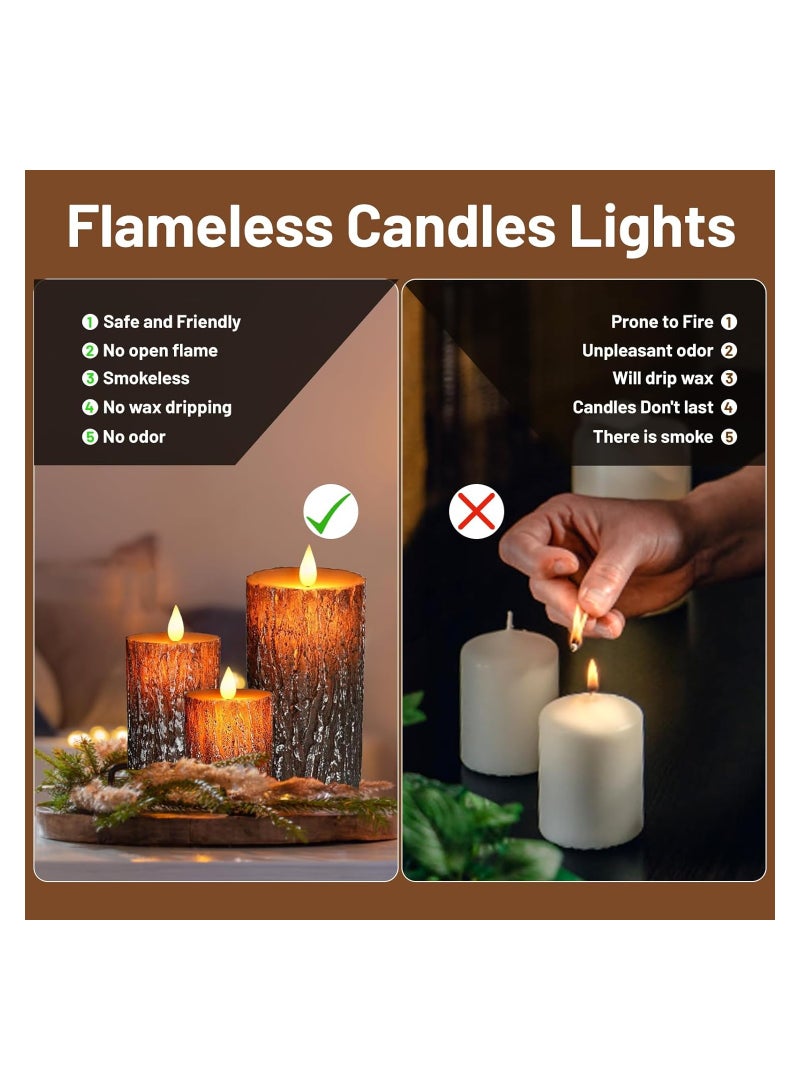 SYOSI Set of 3 Flameless Candles Lights  Pillar Pine Bark Effect Real Wax Flickering 3D Wick Electric Dimmable LED Decorative Candle Sets with Remote Timer for Christmas Winter Home Decor - Image 3