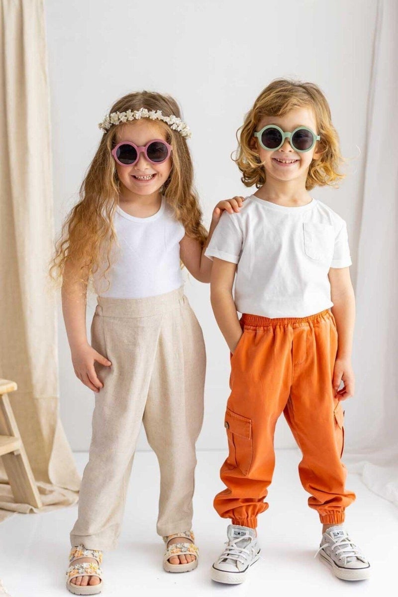 Oliven The Kid Beige Linen Asymmetric Pleated Side Elastic Girls Trousers - Image 1