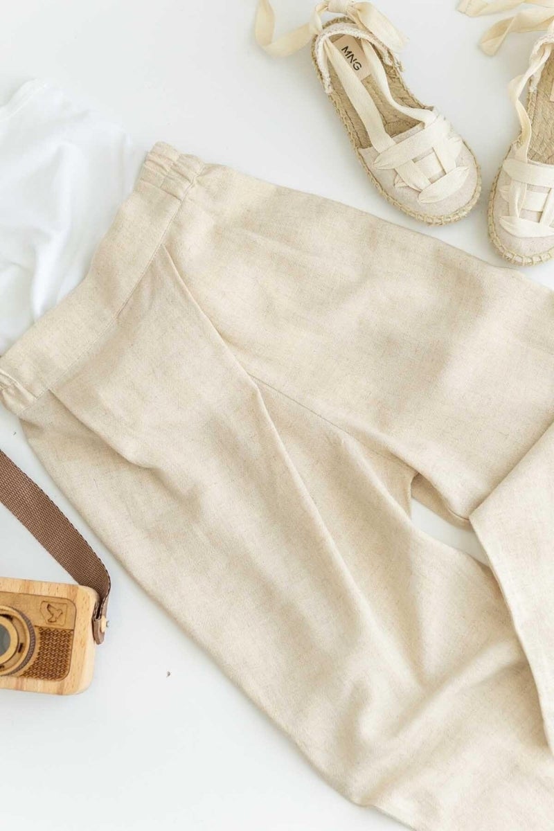 Oliven The Kid Beige Linen Asymmetric Pleated Side Elastic Girls Trousers - Image 5