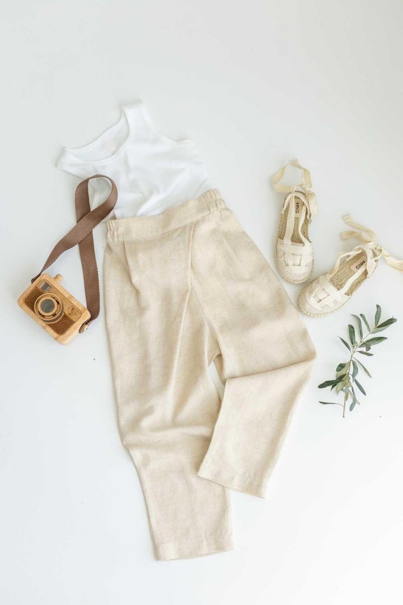 Oliven The Kid Beige Linen Asymmetric Pleated Side Elastic Girls Trousers - Image 4
