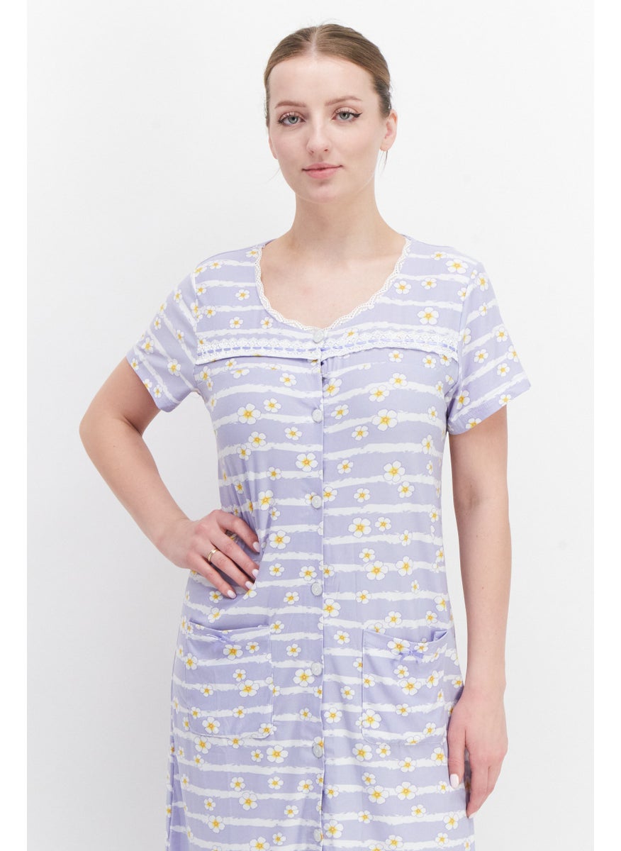 Miss Lillian Women Floral Print  Short Sleeve Sleep Dress, Light Purple Combo  - Image 3