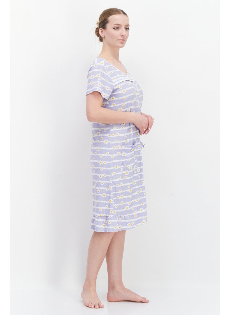 Miss Lillian Women Floral Print  Short Sleeve Sleep Dress, Light Purple Combo  - Image 2