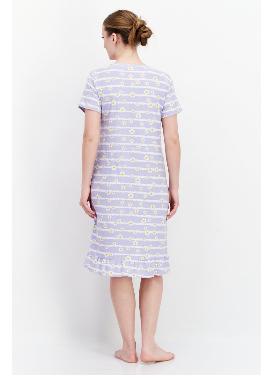 Miss Lillian Women Floral Print  Short Sleeve Sleep Dress, Light Purple Combo  - Image 4