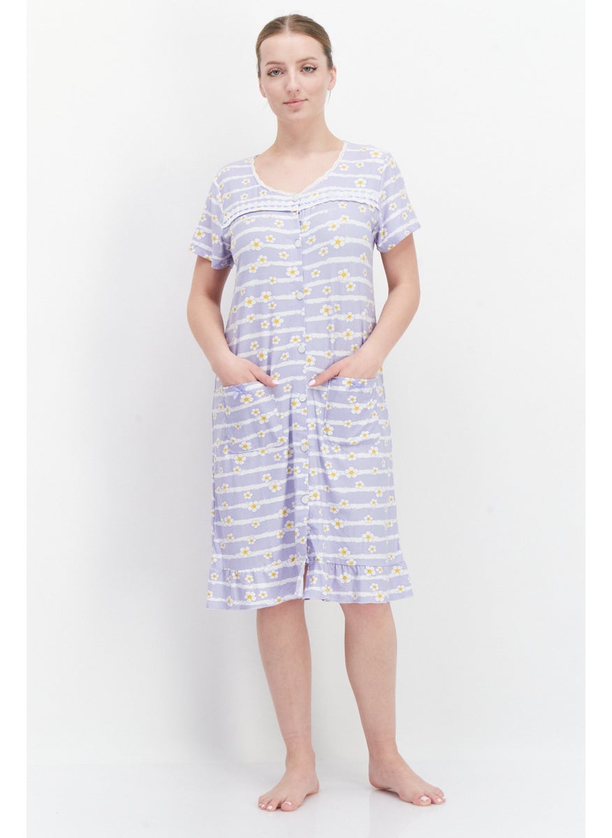 Miss Lillian Women Floral Print  Short Sleeve Sleep Dress, Light Purple Combo  - Image 1