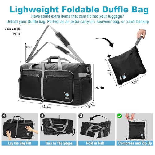 Bago Big XXL Foldable Duffel Bags for Traveling Women & Men - 140L Packable Duffle Bag for Travel with Shoe Compartment - Water Repellant, Heavy Duty, Lightweight Folding & Collapsible (Black) - Image 4