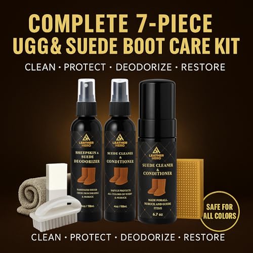 Leather Hero Suede & Sheepskin Cleaning Kit – Compatible with UGG Boots – Foam Cleaner & Conditioner, Water & Stain Protector, Deodorizer, Eraser, Brushes & Cloth – 7-Piece Complete Care Set - Image 2