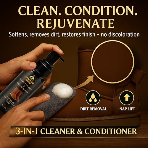 Leather Hero Suede & Sheepskin Cleaning Kit – Compatible with UGG Boots – Foam Cleaner & Conditioner, Water & Stain Protector, Deodorizer, Eraser, Brushes & Cloth – 7-Piece Complete Care Set - Image 3