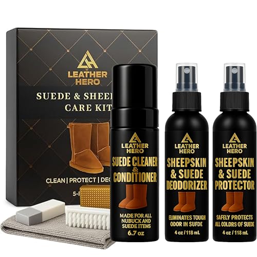 Leather Hero Suede & Sheepskin Cleaning Kit – Compatible with UGG Boots – Foam Cleaner & Conditioner, Water & Stain Protector, Deodorizer, Eraser, Brushes & Cloth – 7-Piece Complete Care Set - Image 1