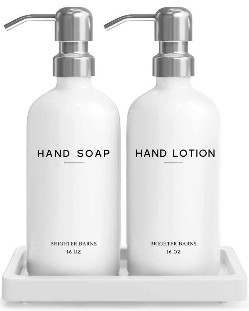 Brighter Barns White Glass Soap and Lotion Dispenser Set by Brighter Barns - Bathroom Soap Dispenser Set Tray - Liquid Hand Soap Dispenser Pump - Modern Bathroom Accessories for Guest, Hotel, Spa, Restaurant (White) - Image 1